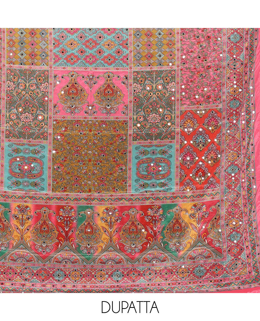 Pink crepe masakali material chudidar set, geometric print with mirror embroidery top,plain bottom & multi-color geometric print & mirrorwork dupatta
