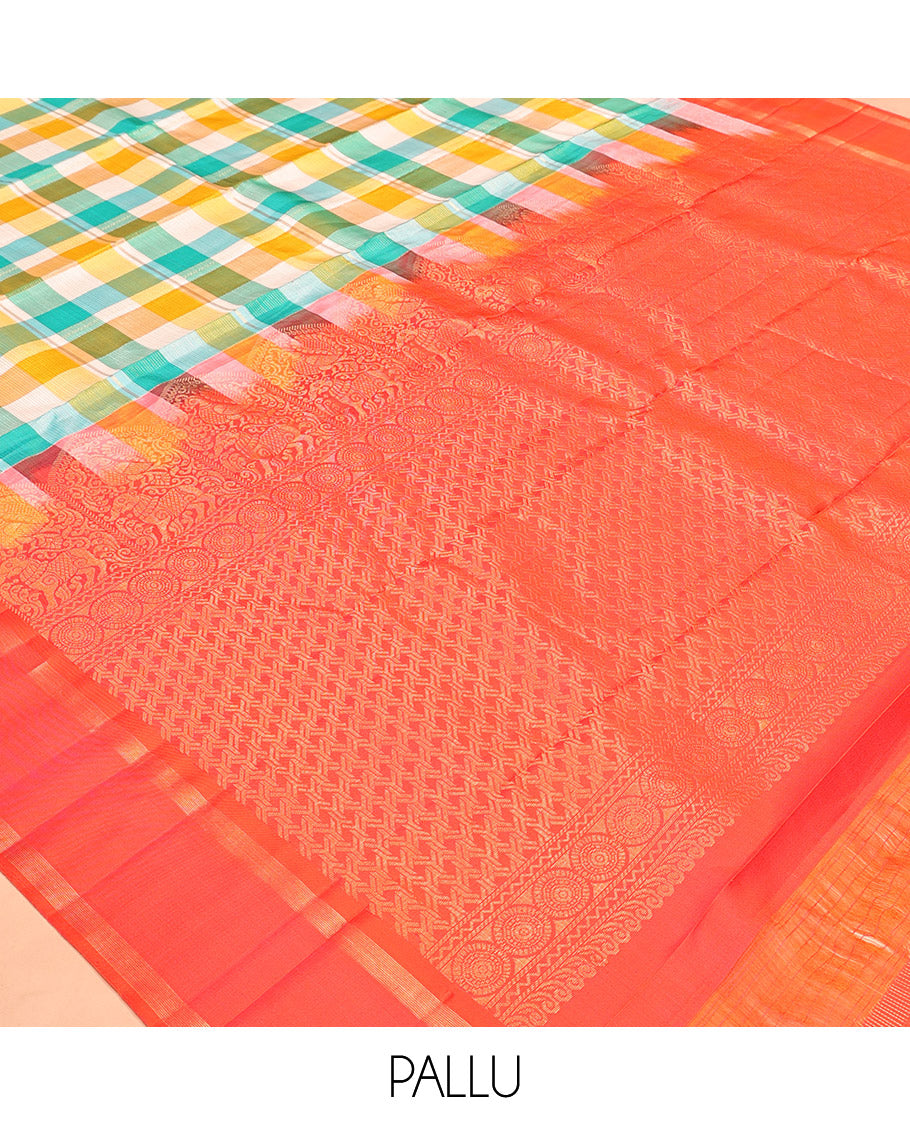 Multi-Color Checked Kanchipuram Silk Saree, a Contrast Bodi Border, Grand Pallu, and a Contrast Blouse