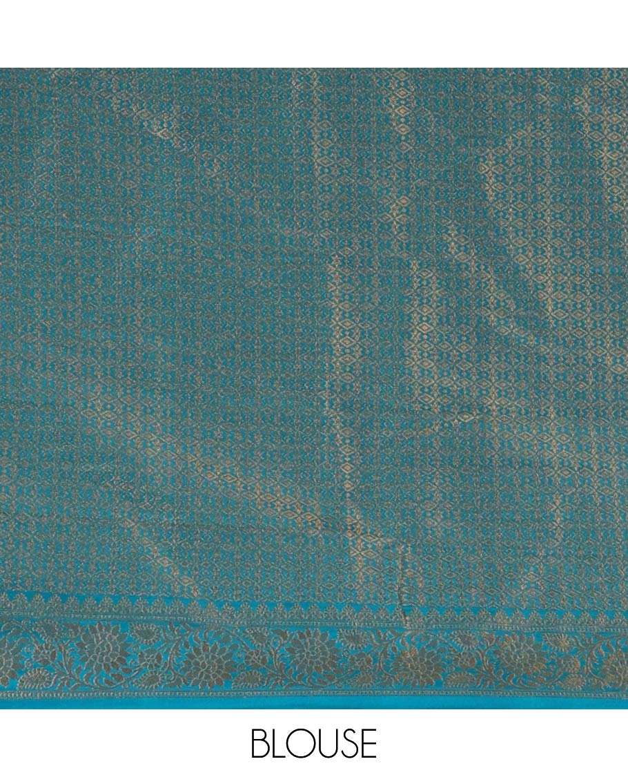 Cream semi-banaras half-saree, zari buttas & contrast Swarovski stonework traditional border skirt, jacquard blouse & contrast jaal jacquard blue dhavani