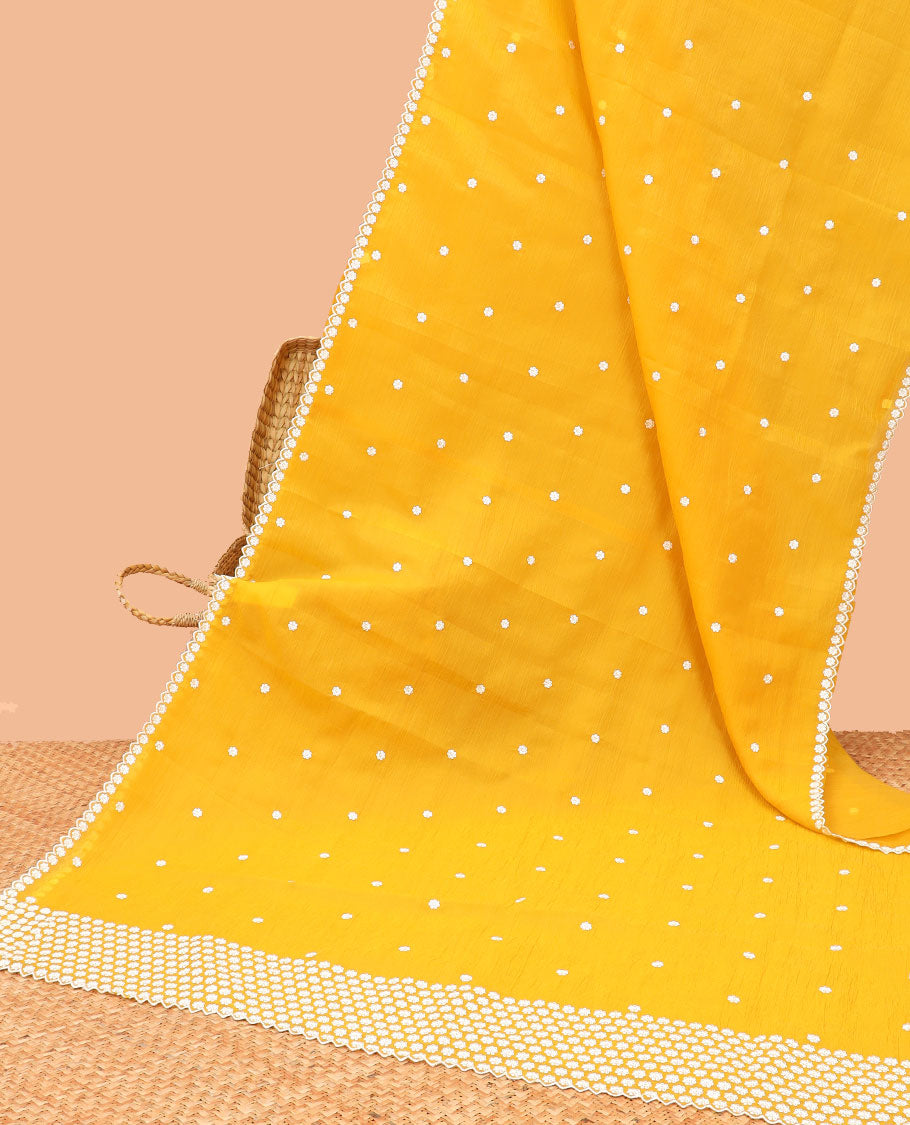 Yellow floral thread embroidery tissue saree with floral scallop thread embroidery border