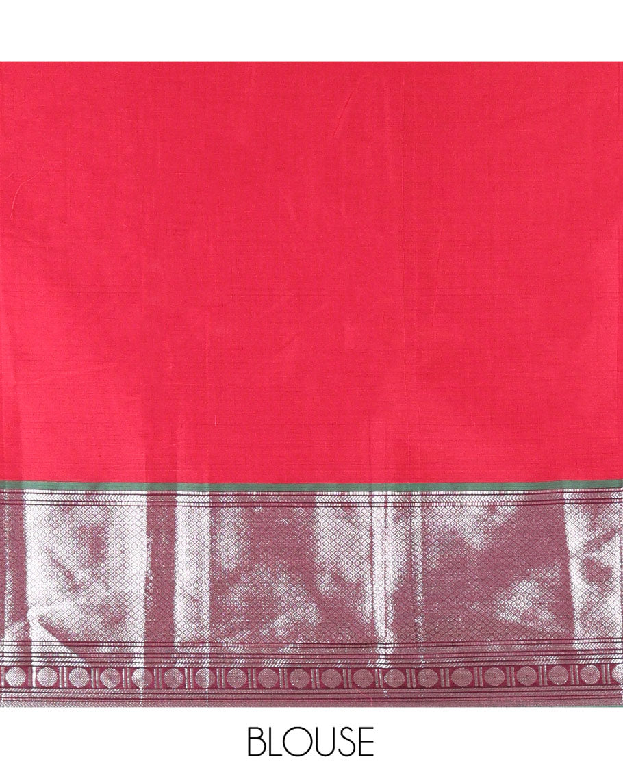 Tomato Red-Green Mercerised Cotton Half-Saree Features Plain with Contrast Traditional Zari Bordered Skirt, Paired with a Matching Blouse, and Comes with a Contrast Bordered Dhavani