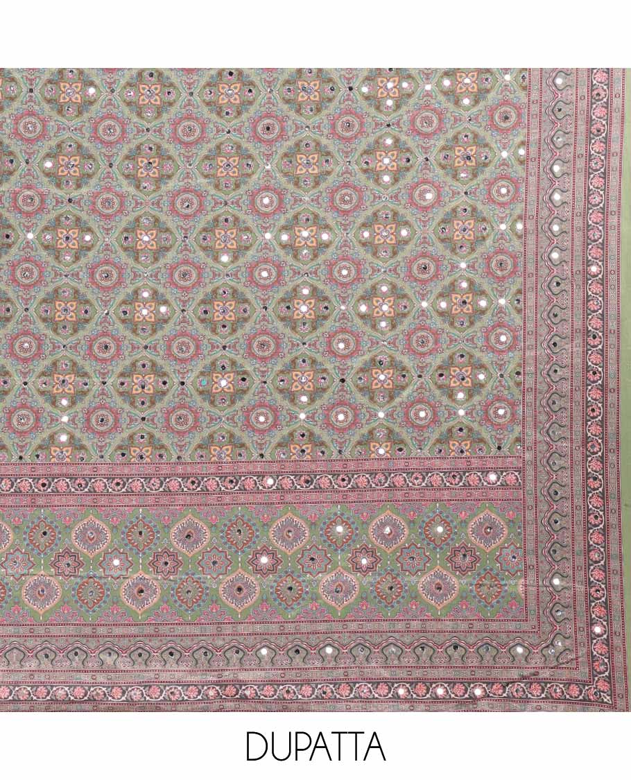 Mint green green jacquard, ajrakh print, mirror work crepe chudidhar material top with american crepe pant & chinnon ajrakh print, mirror work dupatta