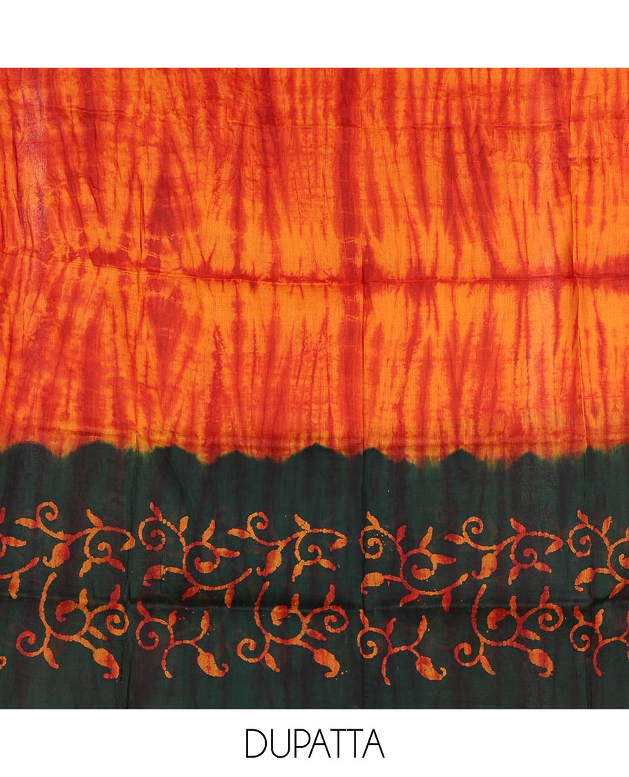 Dark green cotton material chudidar set, paisley vine batik printed top, contrast plain bottom, and dupatta of shibori and batik print