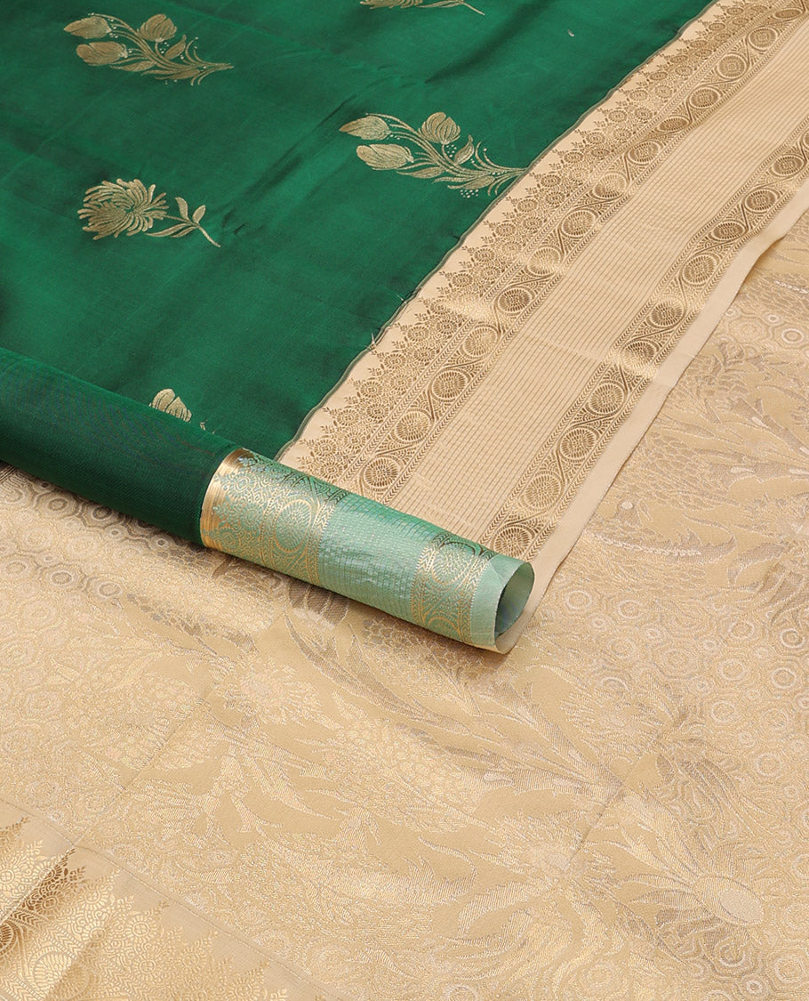 Bottle green floral design vasundhara elite silk saree with contrast traditional zari design border & floral zari design pallu