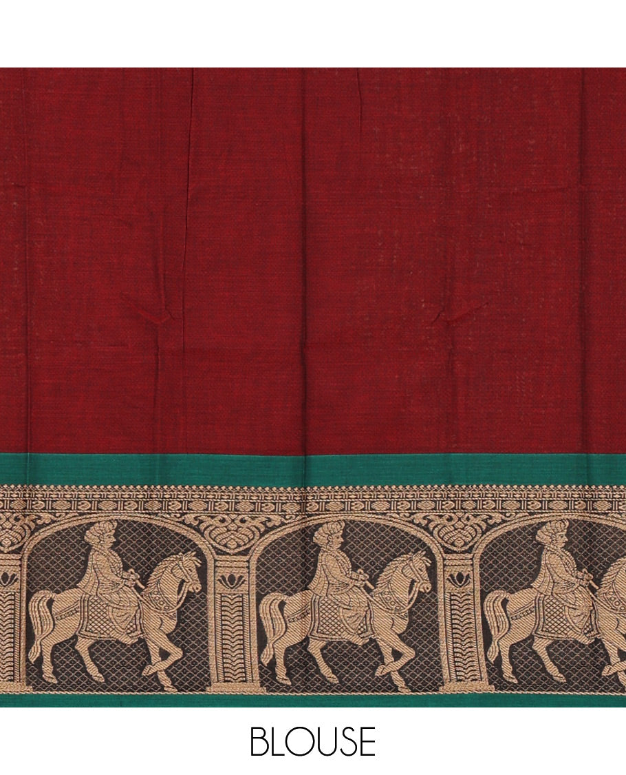 Maroon with green mercedised cotton half-saree, contrast elephant zari border skirt, matching blouse & one side border georgette dhavani
