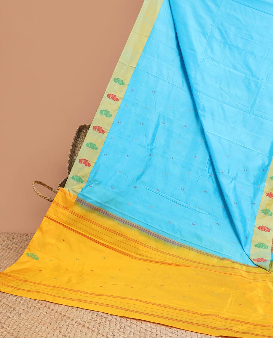 Blue buttas kancheepuram silk saree with contrast floral design border & floral, striped design pallu