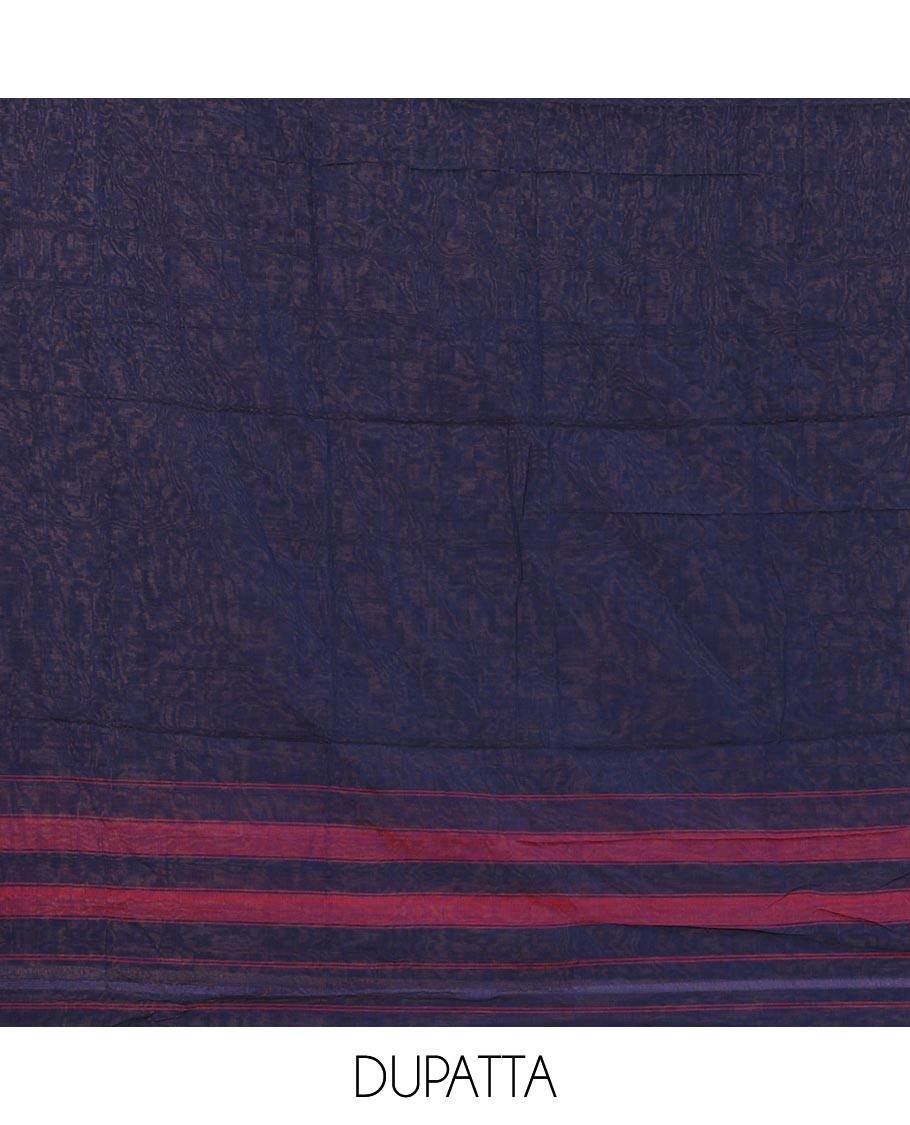 Navy blue mercerized cotton material chudidar set,plain contrast traditional rudraksham border top,matching bottom & 2-sided rudraksham border dupatta