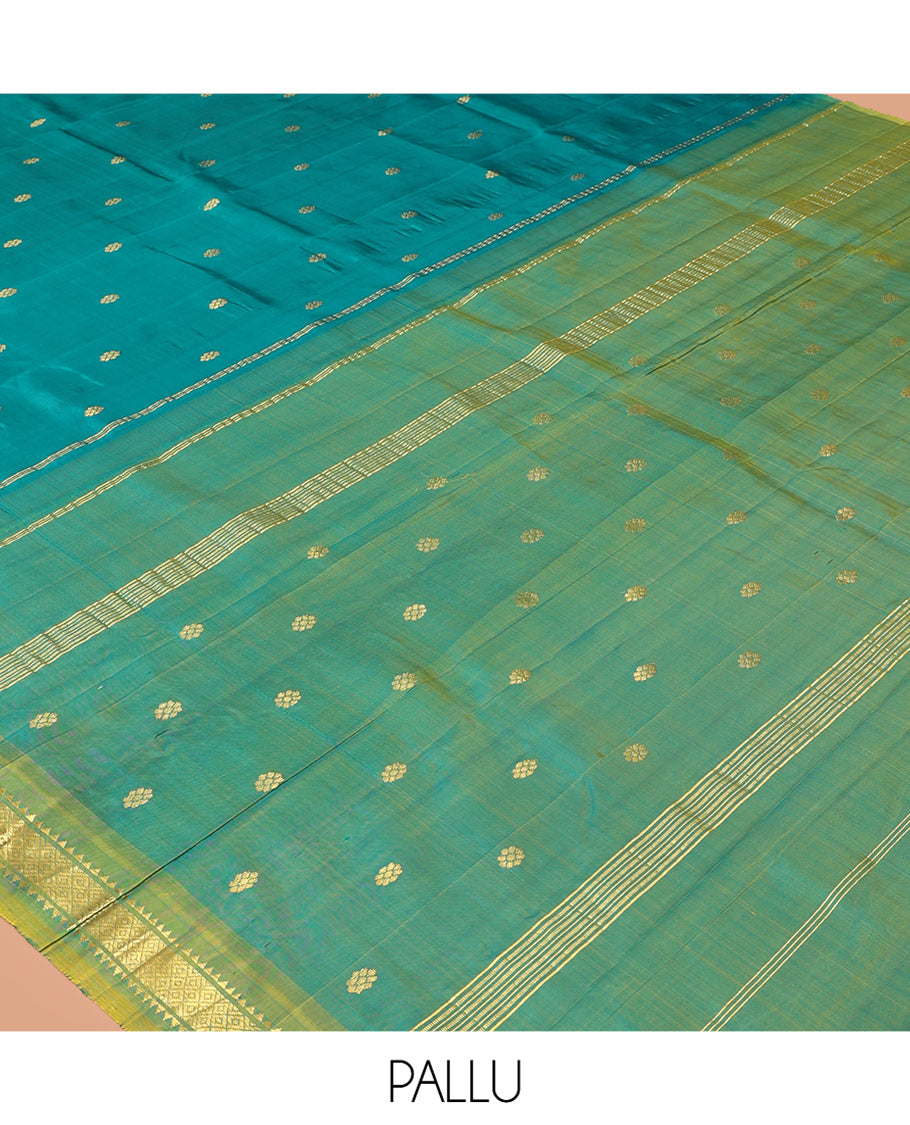 Green Zari Buttas Kanchipuram Silk Saree, Complemented by a Contrast Border of Rekku and Mayil Kann Design, Pallu of Zari Design, and No Blouse