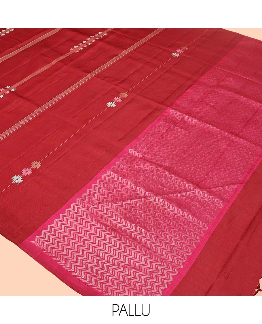 Borderless Maroon Mayuri Soft Silk Saree, Beautified with Buttas and Stripes All Over Its Body, Complemented by Contrast Pallu of Vanki Designs, and Paired with Matching Blouse