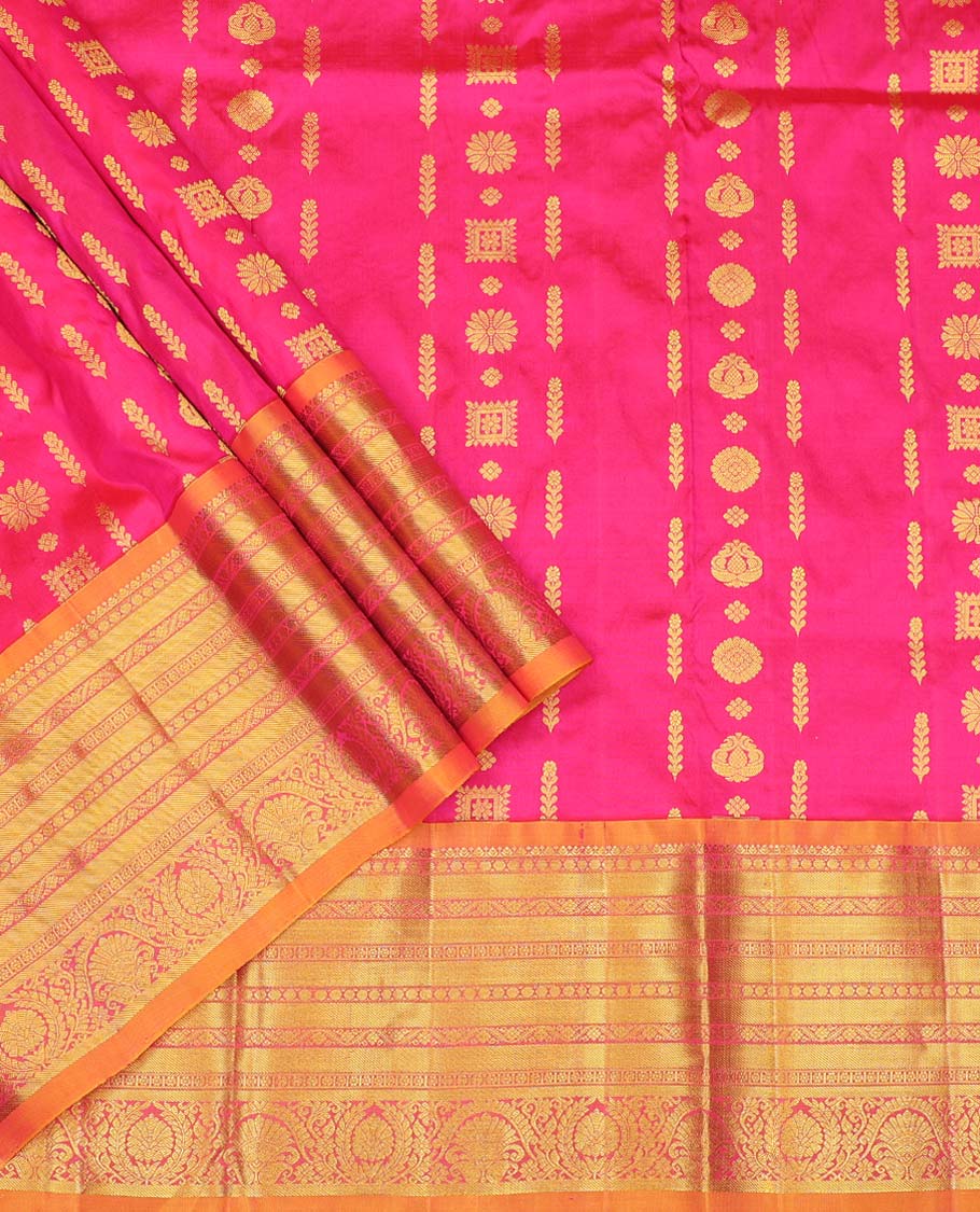 Pink floral buttas pure silk half saree with contrast intricate zari design border, zari design blouse & intricate floral design dhavani