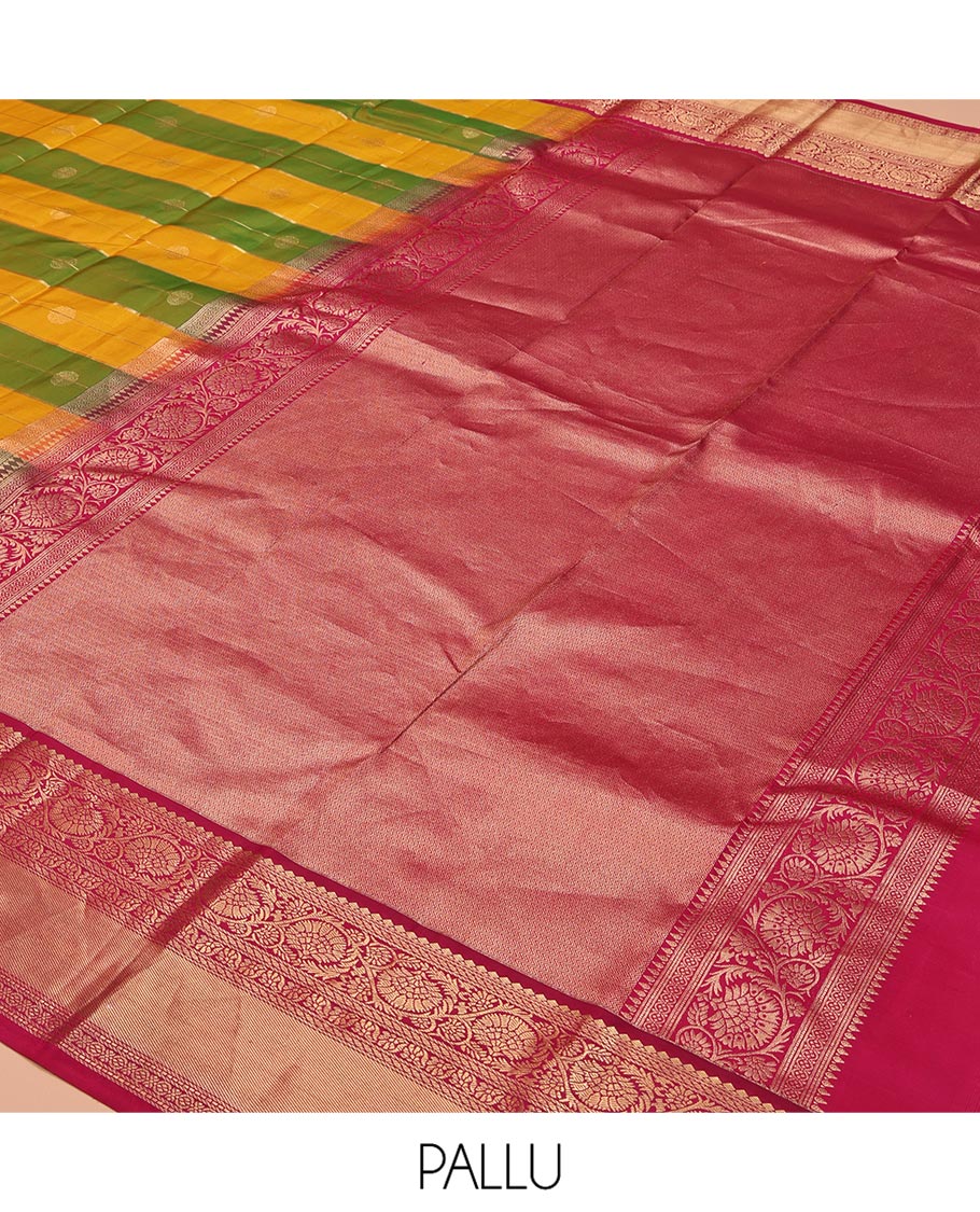 Green-Yellow Vasundhara Silk Saree, Embellished with Zari Buttas and Zari Stripes All Over Its Body, Complemented by a Contrast Border of Thilakam Mokku, Banaras, Muthu, and Kodi Visiry Designs, Pallu of Vanki Designs, and Paired with a Contrast Blouse
