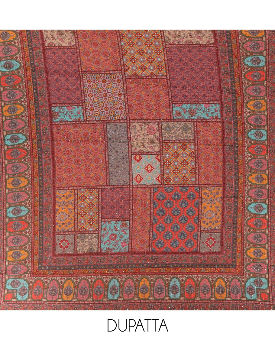 Multi-color churidar material set, ajrakh-printed with sequins work crepe top, kalidoscopic-colored dupatta of ajrakh print & sequins work & plain crepe bottom