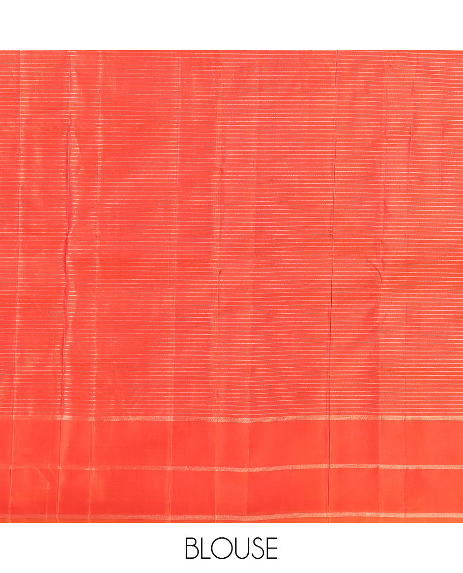Brown Kanchipuram Silk Saree, Detailed with Micro-Checked Designs, Uniquely Designed Border, Contrast Scallop-Patterned Pallu, and a Contrast Blouse