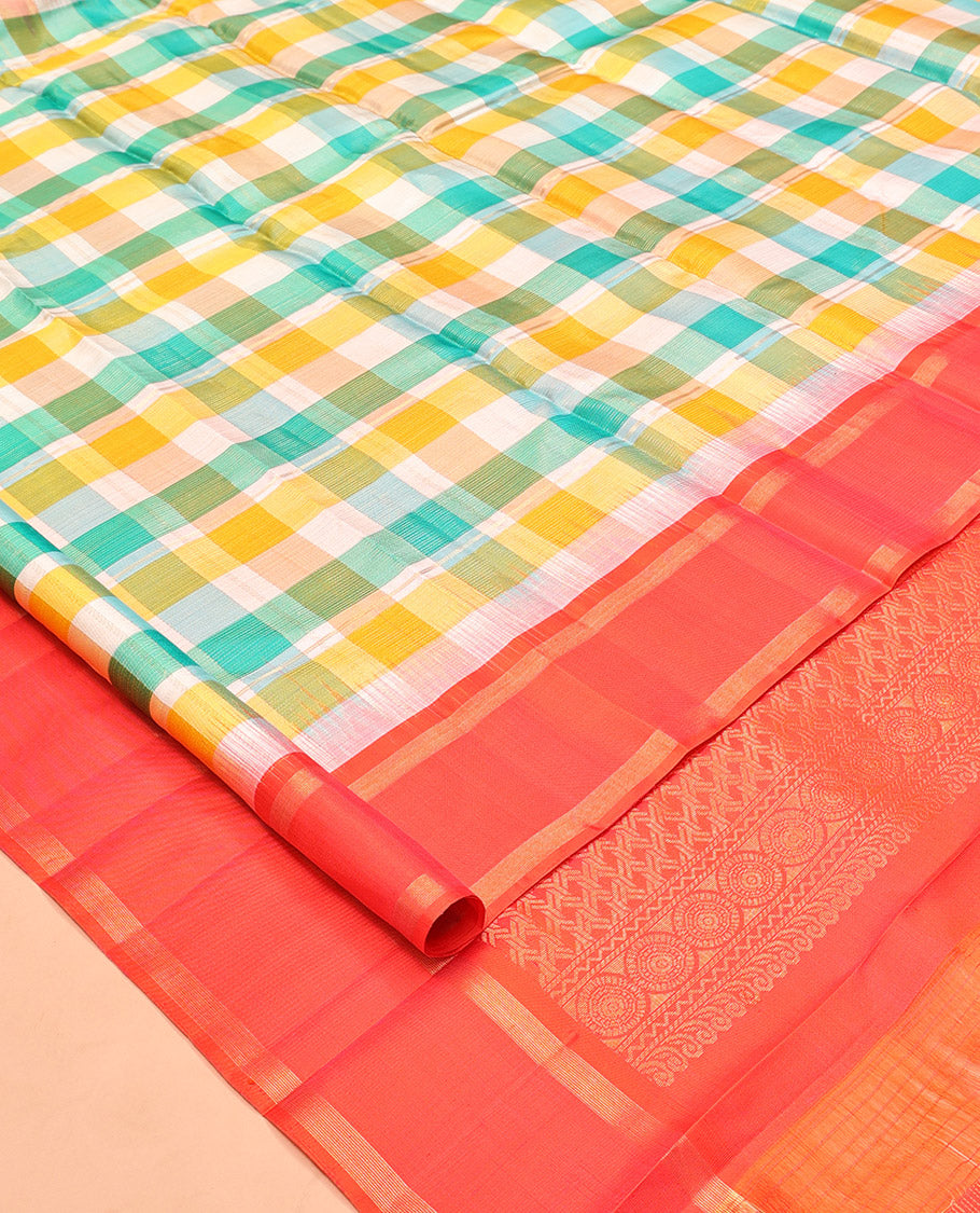 Multi-Color Checked Kanchipuram Silk Saree, a Contrast Bodi Border, Grand Pallu, and a Contrast Blouse