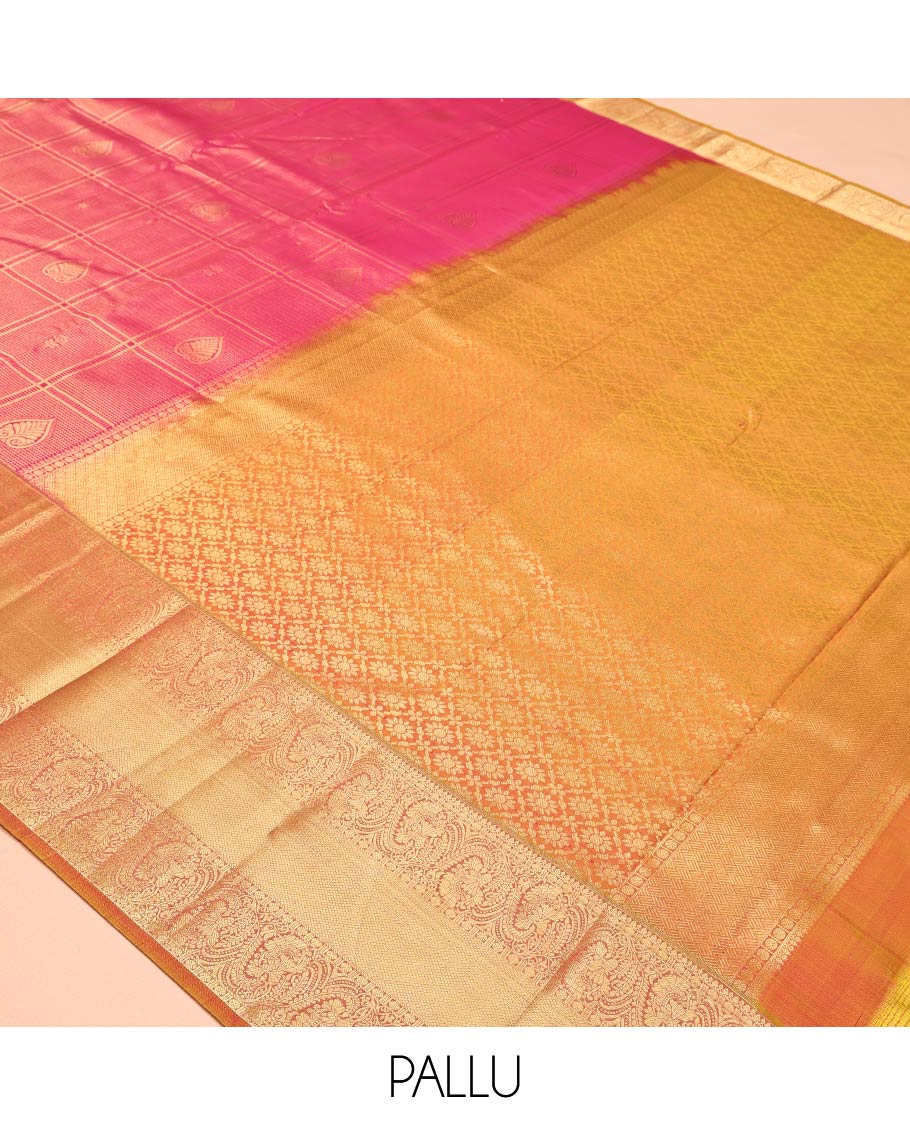 Pink Vasundhara Lite Silk Mix Saree, Elevated with Jacquard Design, a Contrast Border of Thilakam, Rudraksham, Kuyil Kann, and Kodi Visiry Designs, Jaal Pallu, and a Contrast Blouse