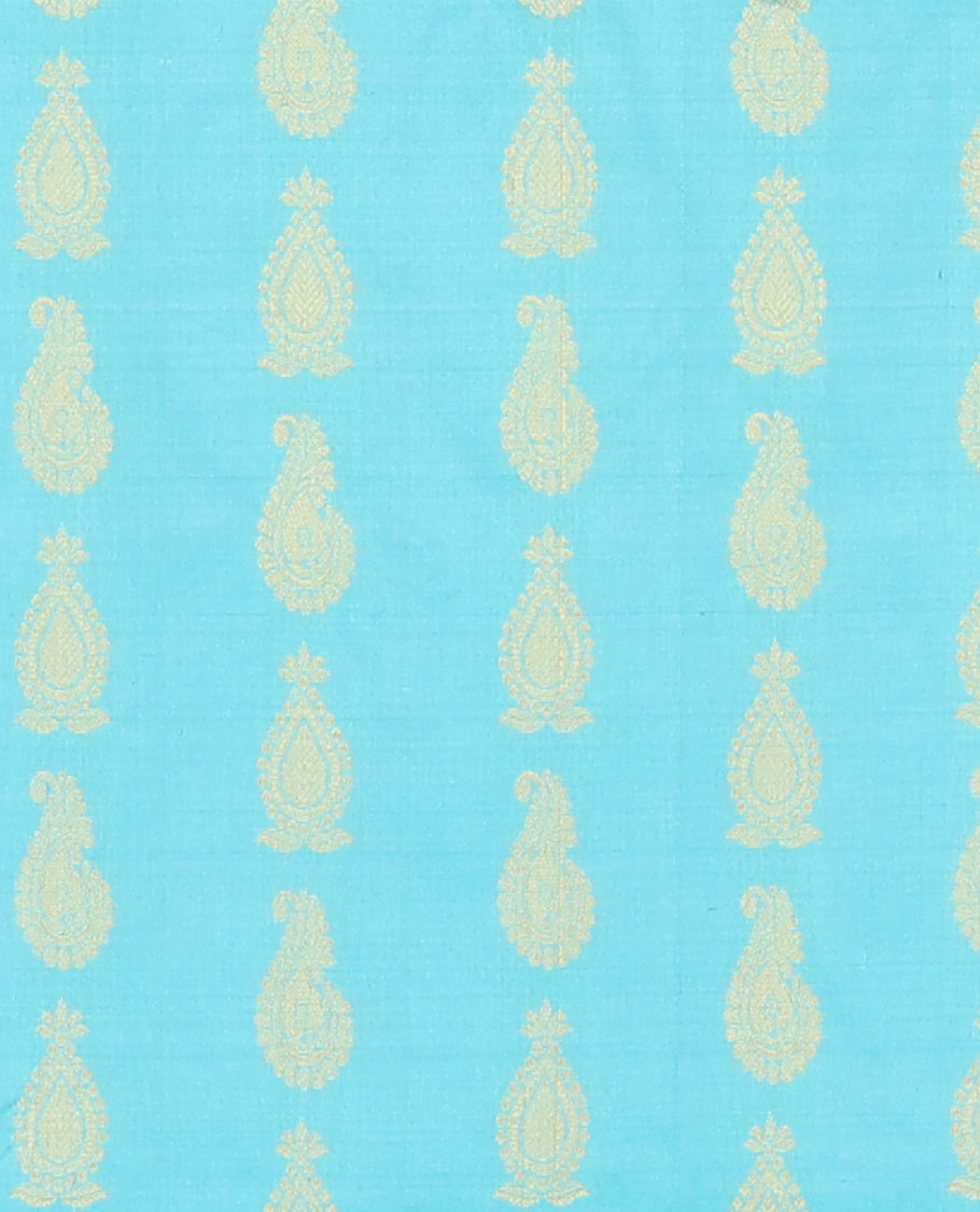 Blue leaf buttas pure silk half saree with contrast intricate zari design border, zari design blouse & floral zari design dhavani