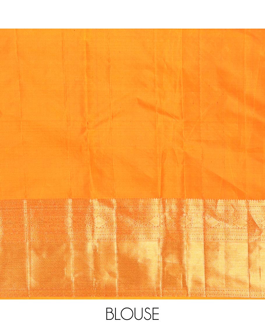 Rust Kanchipuram Wedding Silk Saree, Subtly Sparkled With Jacquard Design On Its Body, Highlighted by Zari Border of Thilakam Mokku, Diamond, and Muthu Designs, Grand Pallu and Paired with a Matching Blouse
