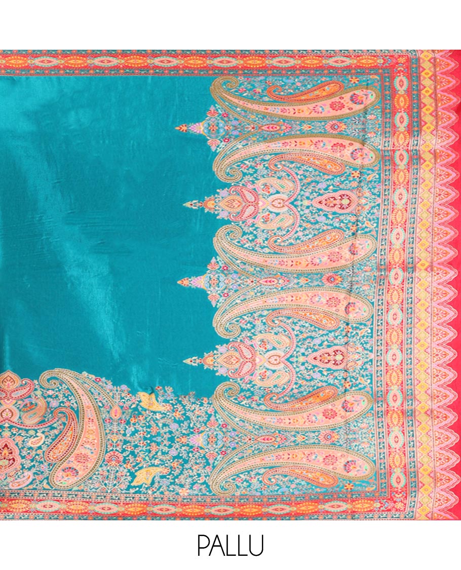 Blue Dola Silk Saree, Finely Crafted with Colorful Paisley Motifs Printed on Its Body, Complemented by Contrast-Printed Border, Pallu of Paisley Print, and Paired with a Contrast Blouse