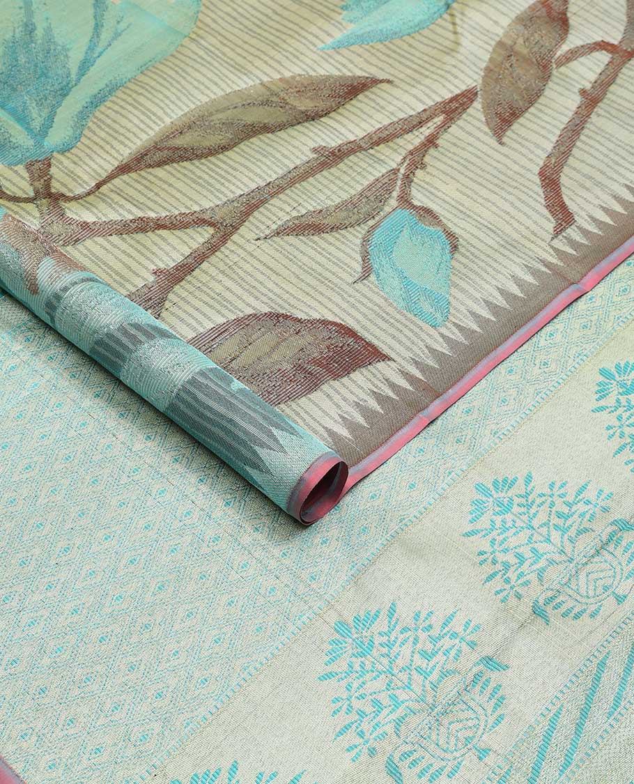 Mint green striped, floral design kanchipuram designer silk saree with contrast temple border & floral zari design pallu
