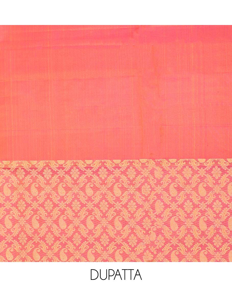 Pink floral buttas pure silk half saree with contrast intricate zari design border, zari design blouse & intricate floral design dhavani