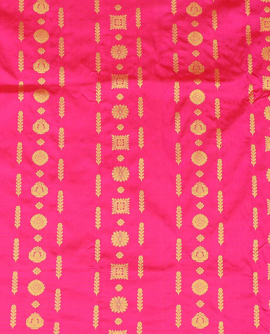Pink floral buttas pure silk half saree with contrast intricate zari design border, zari design blouse & intricate floral design dhavani