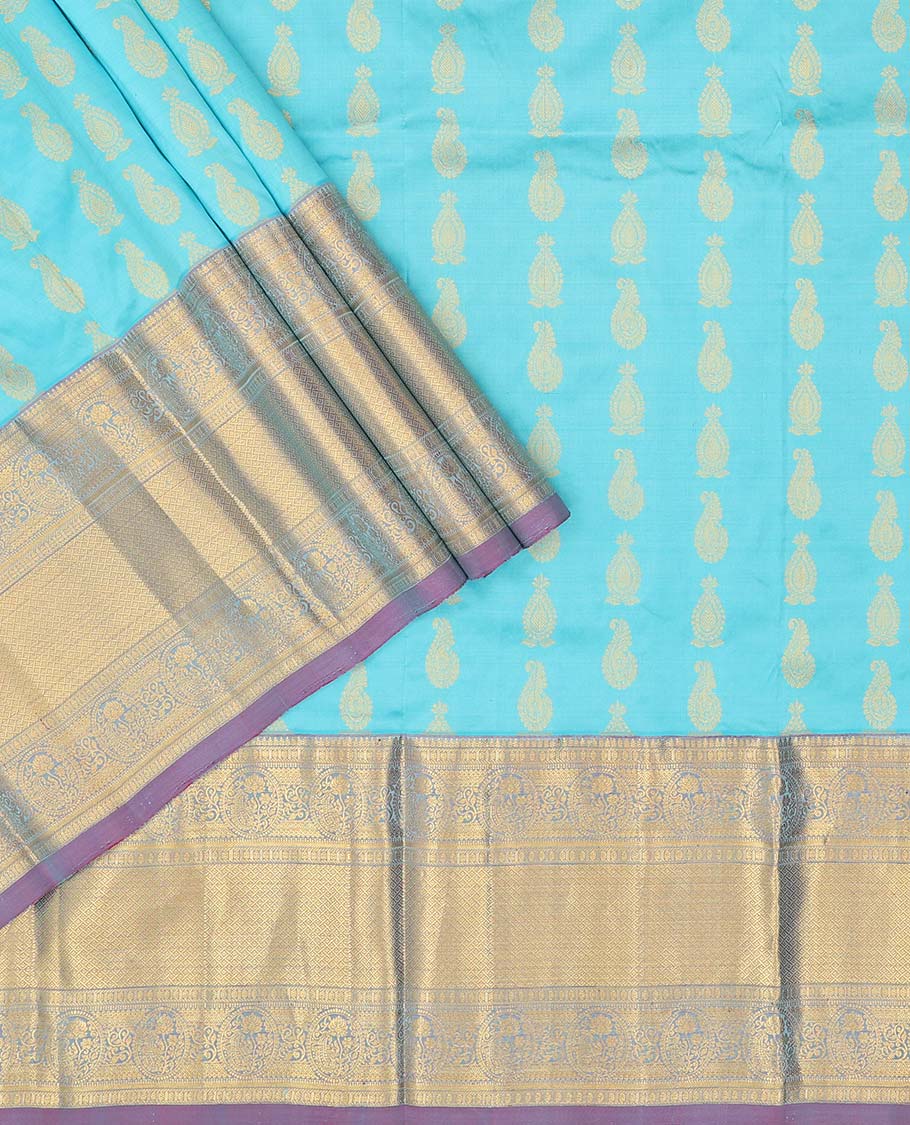 Blue leaf buttas pure silk half saree with contrast intricate zari design border, zari design blouse & floral zari design dhavani