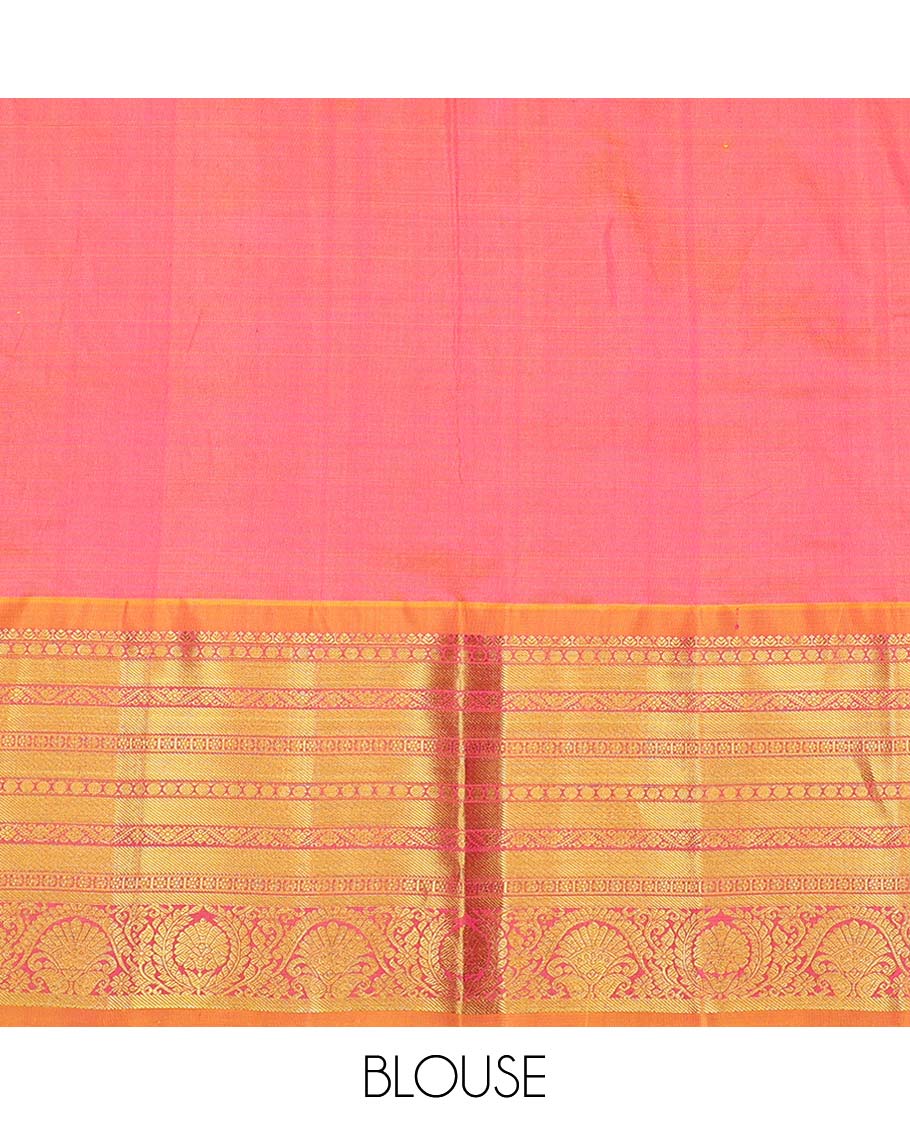 Pink floral buttas pure silk half saree with contrast intricate zari design border, zari design blouse & intricate floral design dhavani
