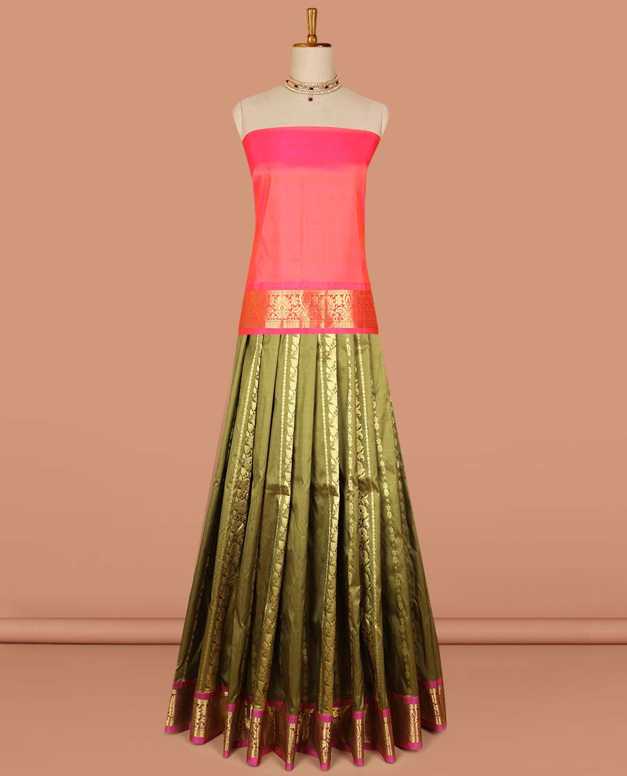 Green floral buttas pure silk half saree with contrast zari border, contrast zari design blouse & plain with zari border dhavani