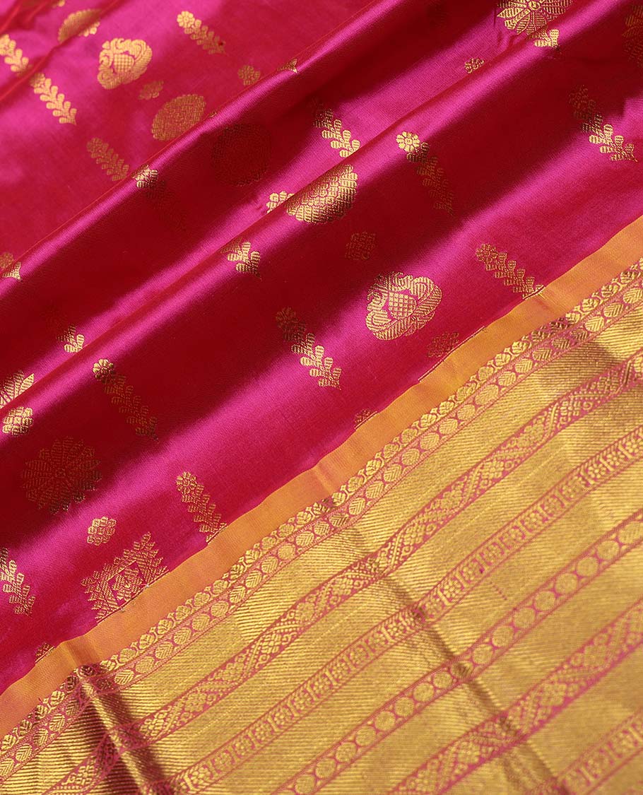 Pink floral buttas pure silk half saree with contrast intricate zari design border, zari design blouse & intricate floral design dhavani