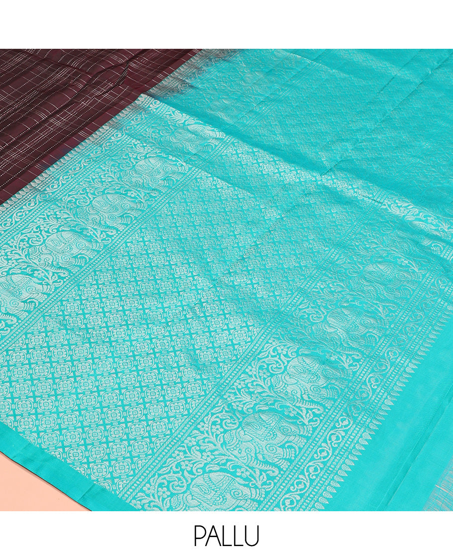 Maroon muthu kattam Kanchipuram silk saree, yaanai motifs zari border, and contrast pallu of yaanai, and chakram buttas