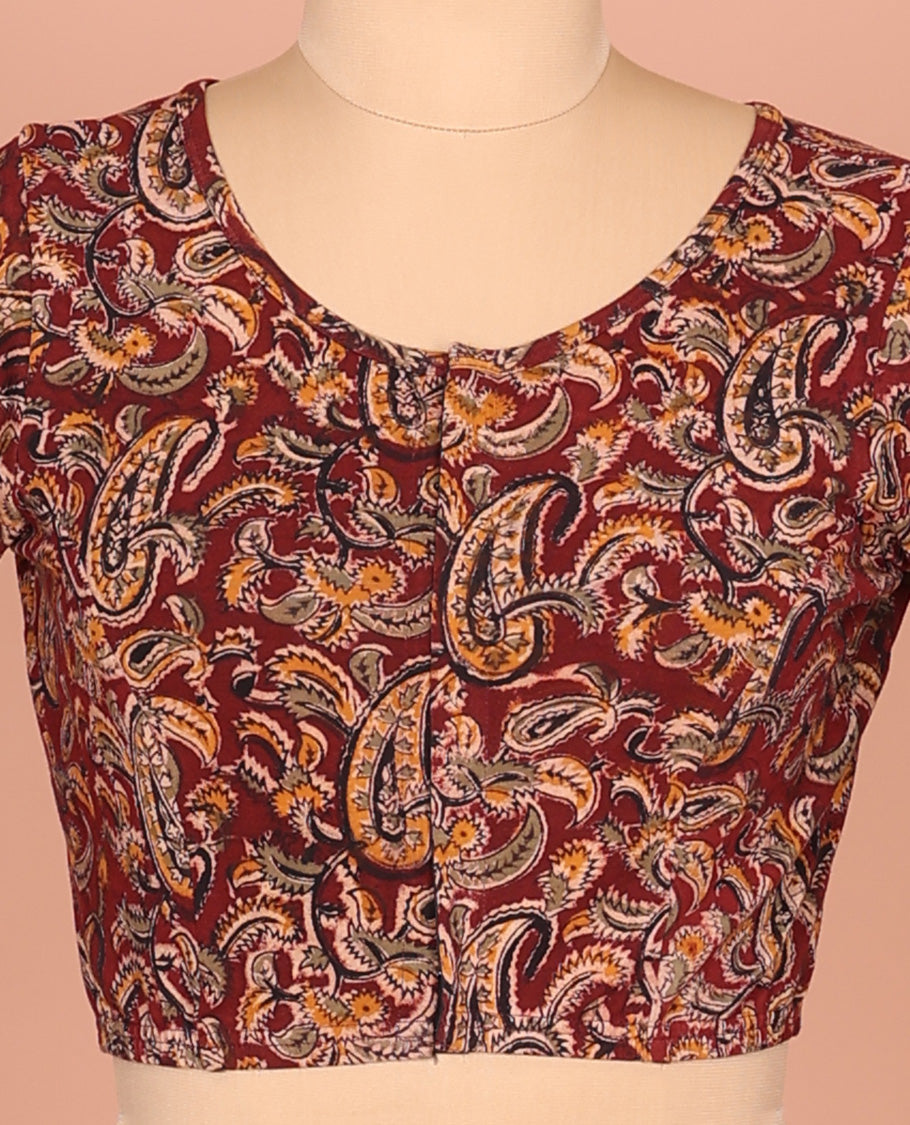 Maroon Cotton Readymade Blouse Beautified with All-Over Paisley Print, Featuring a Front Round-Neck, a Closed Back Neck, and Elbow Sleeves