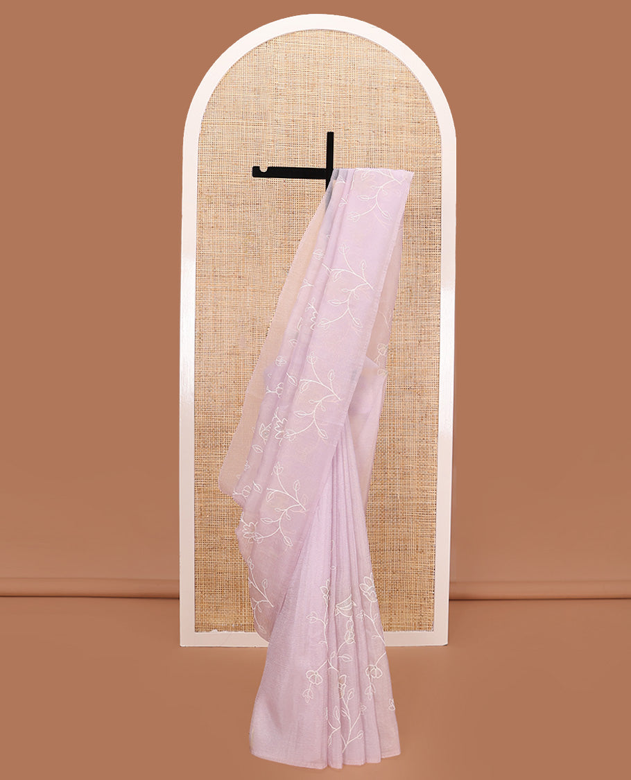 Borderless baby pink floral vine thread embroidered tissue saree, floral vine thread embroidered pallu