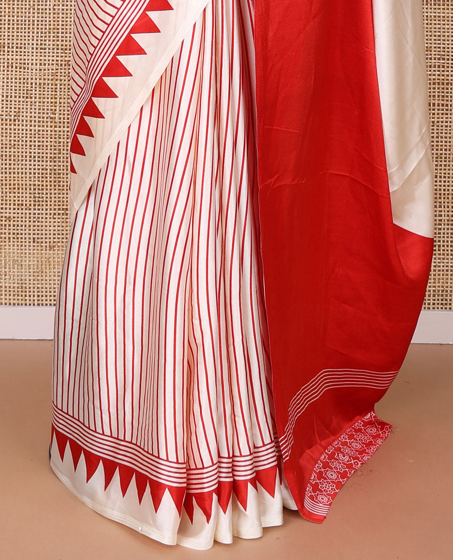 White with red vertical lining printed design semi modal crepe saree with temple border & circle butta pallu along with printed blouse