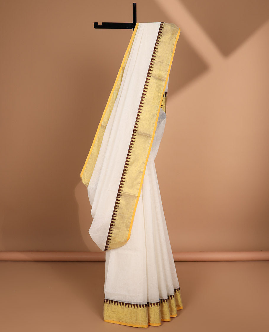 White kasavu saree with contrast temple border & traditional temple pallu, thread design