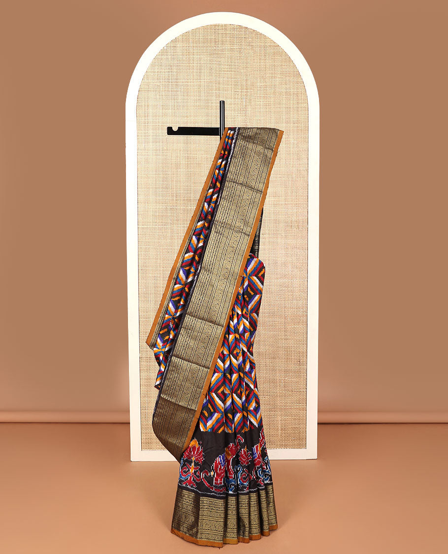 Black geometric, floral & animal design ikkat saree with contrast zari design border & traditional zari design pallu