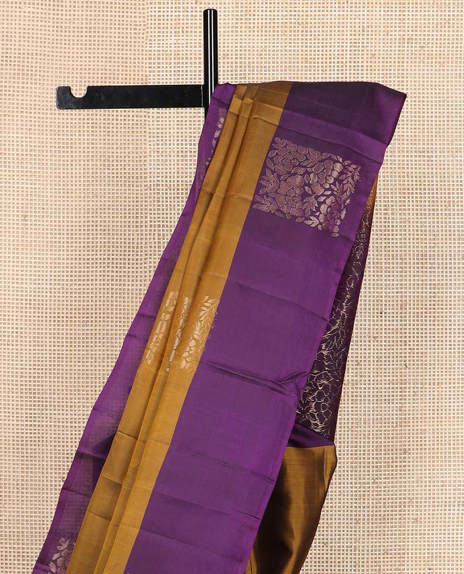 Mustard floral buttas silk mix saree, contrast floral zari buttas border & pallu of cross kamalam & floral designs