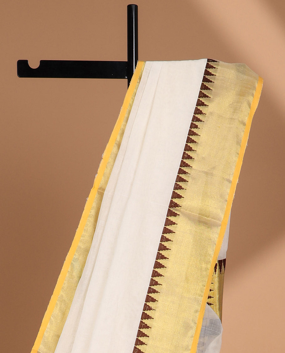 White kasavu saree with contrast temple border & traditional temple pallu, thread design