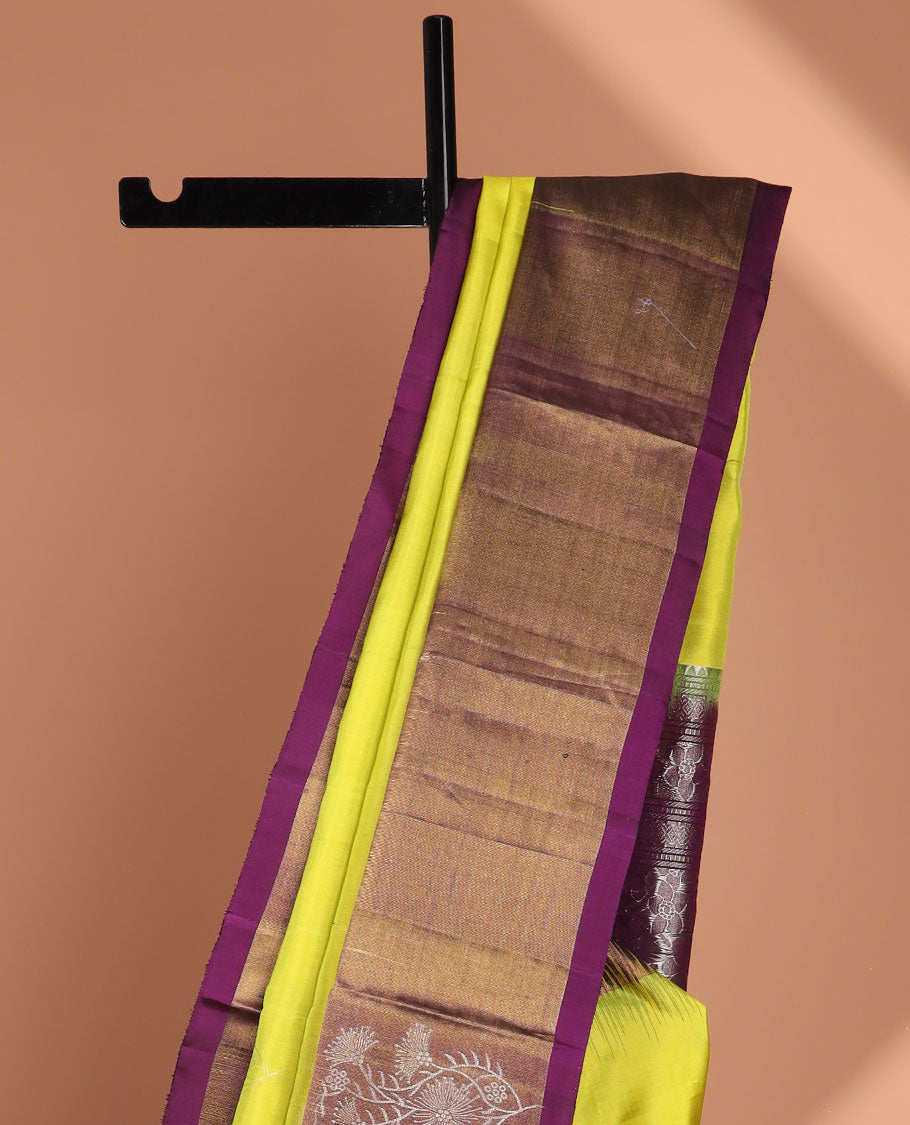 Green floral butta soft silk saree with contrast floral border & floral jacquard pallu