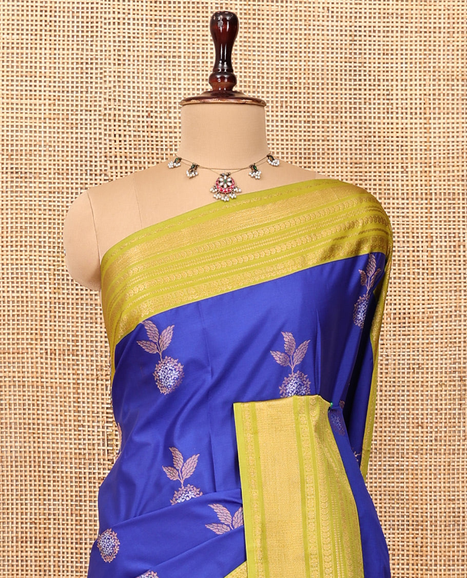 M.s Blue-Green Budget Silk Saree, Accentuated with Floral Zari Buttas, a Contrast Traditional Zari Border, Grand Pallu, and a Contrast Blouse