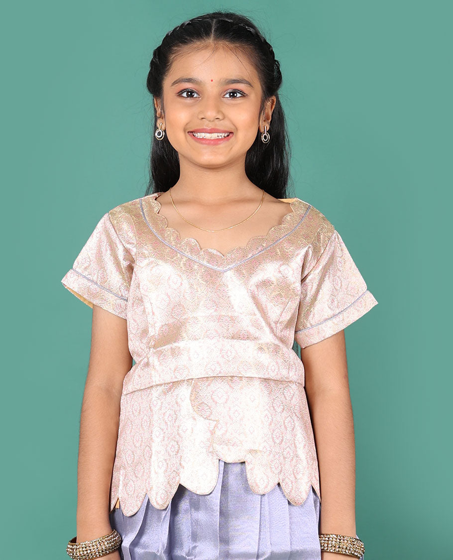 Violet readymade art silk pavadai, traditional zari big border skirt, & contrast jacquard scallop neck & short sleeve blouse