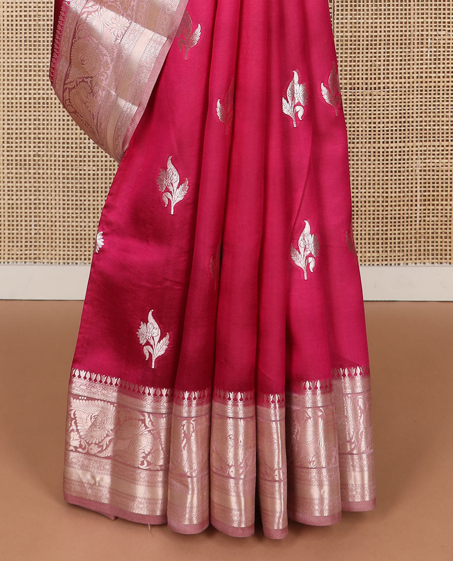 Red floral motifs raw mango silk saree with contrast zari design border & floral design pallu
