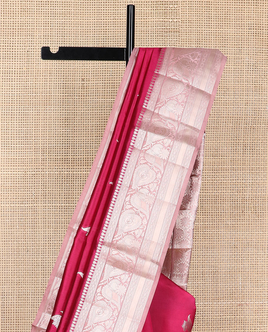 Red floral motifs raw mango silk saree with contrast zari design border & floral design pallu