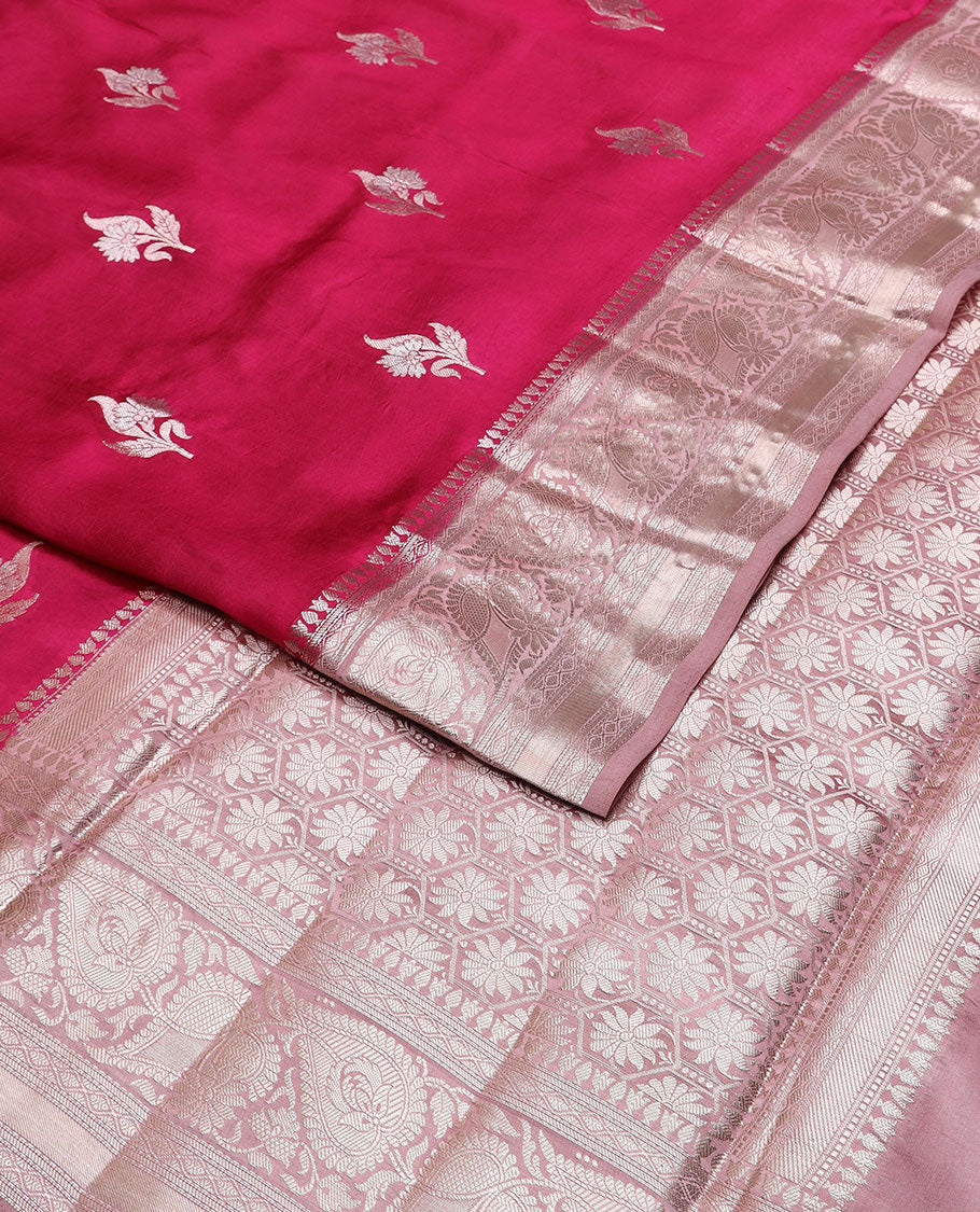 Red floral motifs raw mango silk saree with contrast zari design border & floral design pallu