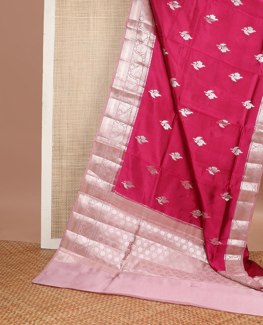 Red floral motifs raw mango silk saree with contrast zari design border & floral design pallu