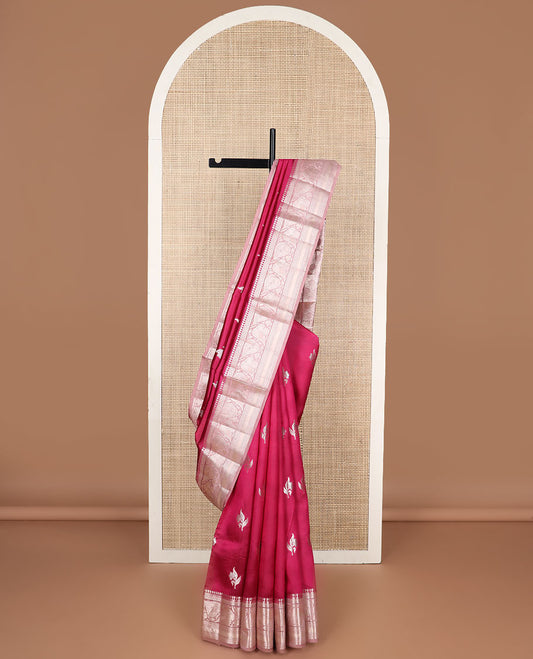 Red floral motifs raw mango silk saree with contrast zari design border & floral design pallu