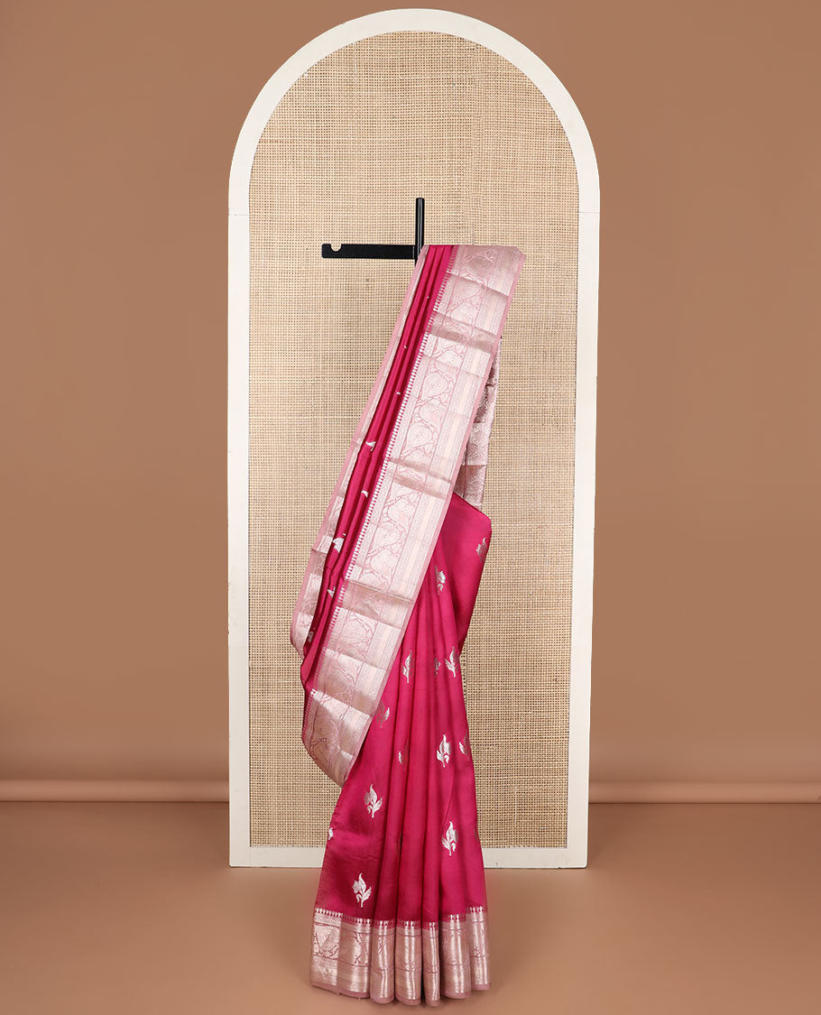 Red floral motifs raw mango silk saree with contrast zari design border & floral design pallu