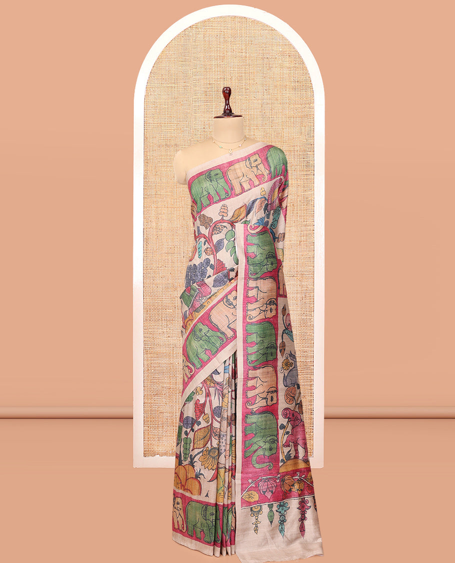 Sandal Fancy Tussar Saree Features Kalamkari Floral and Animal Print, Contrast Elephant Border, Kalamkari Pallu, and a Contrast Blouse