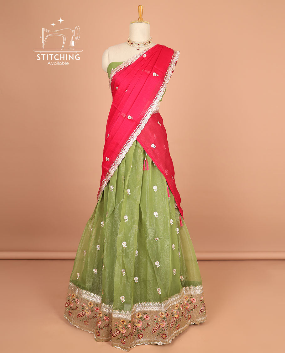 Green floral motifs thread embroidery half saree with floral embroidery border , floral motifs blouse & floral embroidery scallop border dhavani