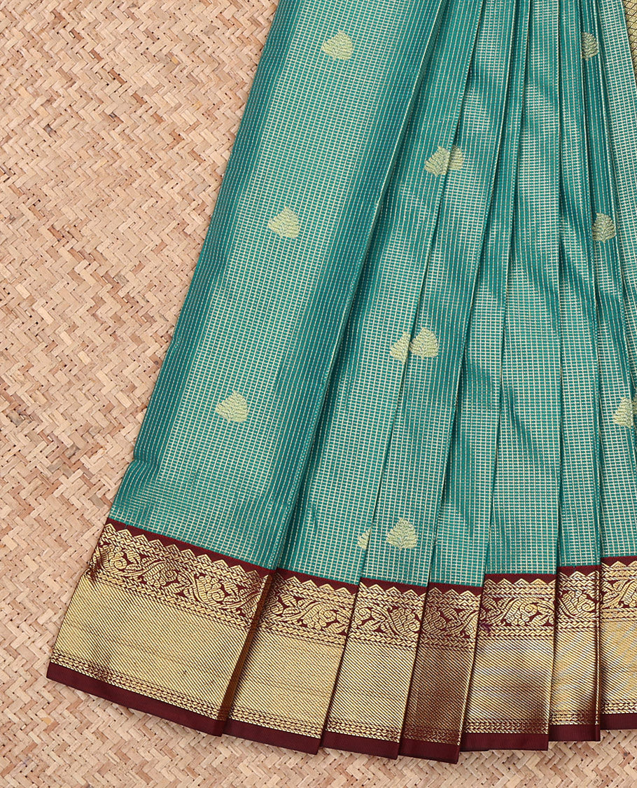 Green Budget Silk Saree, Adorned with Zari Buttas and Checks, Complemented by a Contrast Traditional Zari Border, Geometric Pallu, and a Contrast Blouse