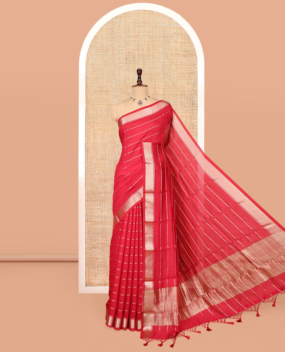 Pink Zari Striped Assam Silk Saree, Highlighted by a Traditional Zari Border, Zari-Striped Pallu, and a Matching Blouse